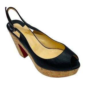 CHRISTIAN LOUBOUTIN BLACK LEATHER AND CORK PLATFORM PEEP TOE SANDALS